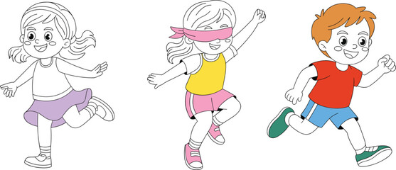 Cute cartoon children running and playing outdoor games, colorful and outlined kids activity illustration perfect for education, coloring pages, and learning materials