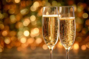 Two elegant flute glasses filled with sparkling golden champagne illuminated by warm festive bokeh lights in the background celebrating a special occasion