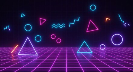 Retro Neon Geometric Shapes on Grid, 80s Style, Futuristic, Digital Art.