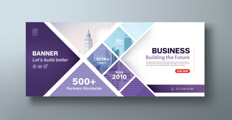 Fototapeta premium Purple corporate web banner mockup, a social media template for branding and a cover header background for websites