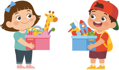 Cute children holding colorful toy boxes full of playful items, cheerful kids sharing toys in cartoon illustration for education and parenting themes