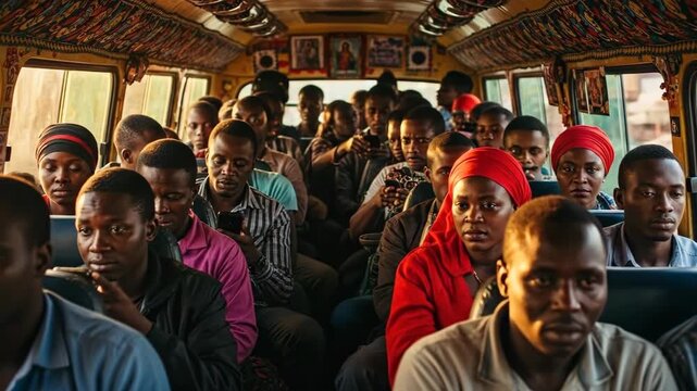 Busy commute in vibrant african minibus captured in dynamic rush hour sequence