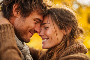 Fototapeta premium Happy young couple wearing cozy knitted sweaters and scarves sharing an intimate moment with foreheads touching during autumn outdoors in warm golden light