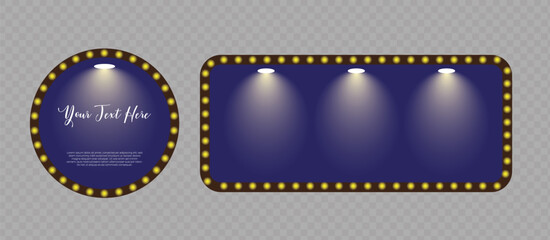Classic glowing light bulb marquee frames, retro theatrical stage banners with spotlights, round and rectangular vintage style borders for your design.