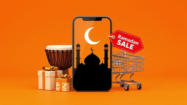 Ramadan Sale Concept on Mobile Phone with Shopping Cart and Gifts