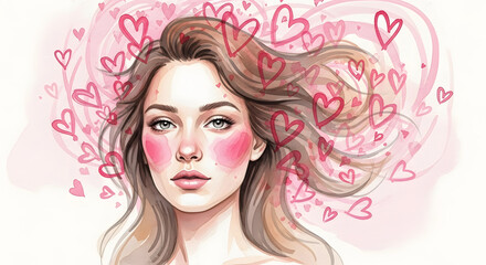Watercolor portrait of a woman surrounded by floating pink hearts illustration