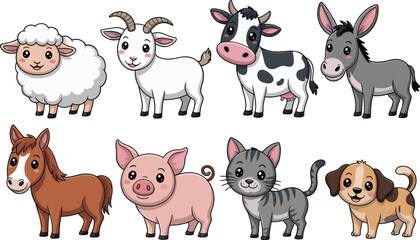 Cute cartoon farm animals collection featuring sheep, goat, cow, donkey, horse, pig, cat, and dog characters for children’s books, education, and designs