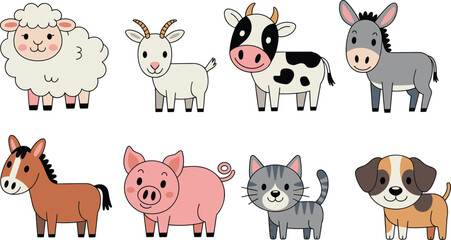 Cute cartoon farm animals collection featuring sheep, goat, cow, donkey, horse, pig, cat, and dog illustrations for children’s learning, books, stickers, and designs © Creative Asif