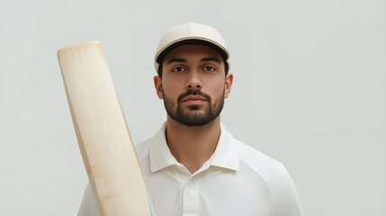 Close-Up Cricketer with Plain Bat on White Background – Minimal Athletic Portrait