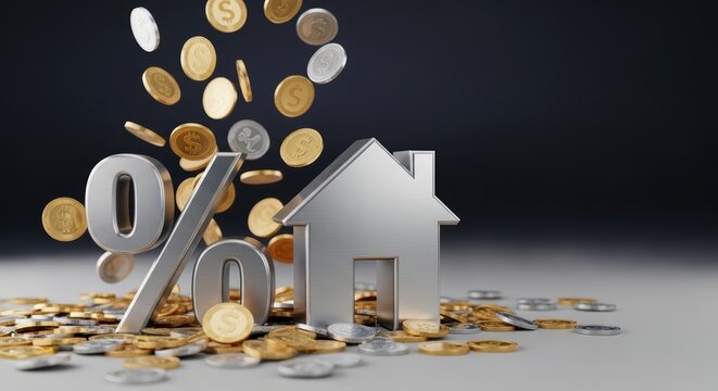 Percent symbol and house with falling coins: real estate investment and financial growth concept