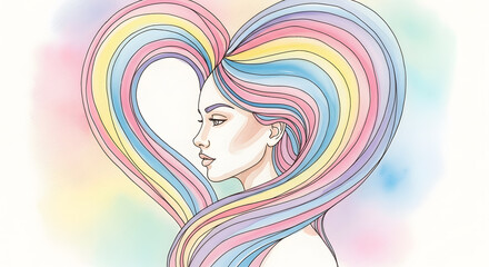 Pastel rainbow heart hair woman illustration; soft artistic beauty concept