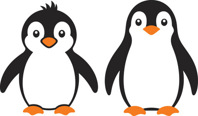 Cute cartoon penguin characters standing together in simple vector style perfect for children’s books, educational materials, winter themes, and digital artwork