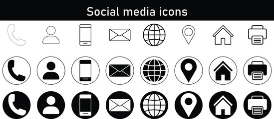 Minimal line social media and communication icon set – phone, user, mail, location, home, globe, printer symbols
