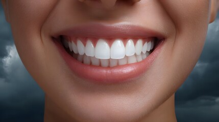 A radiant white smile with perfect teeth stands out against a dramatic stormy sky