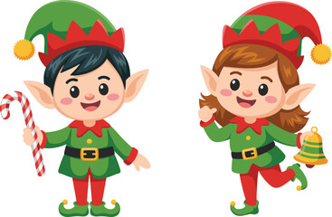Cute Christmas elf characters holding candy cane and festive bell, joyful holiday cartoon illustration perfect for kids decoration, greeting cards, and winter artwork