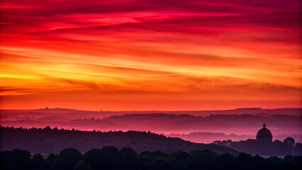 Obraz premium Misty Sunset Landscape – Vibrant Sky over Forested Hills and Foggy Valley