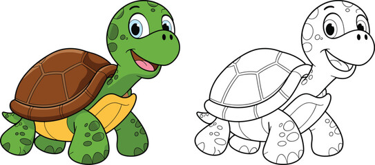 Cute cartoon turtle illustration with colorful and outline versions, perfect for children’s education, coloring pages, wildlife characters, and playful animal designs