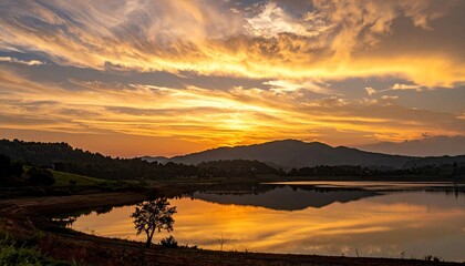 Fototapeta premium Golden Sunset Reflecting Over Calm Lake Waters with Rolling Hills Silhouette and Dramatic Cloudy Sky in Tranquil Evening Landscape