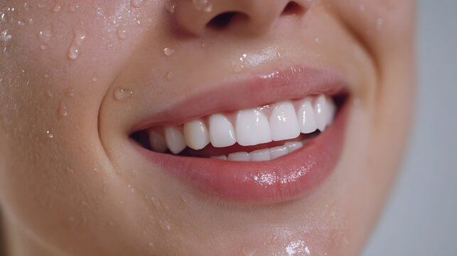 Close up of a vibrant radiant smile with perfectly white teeth and glossy lips enhanced by fresh water droplets on the skin