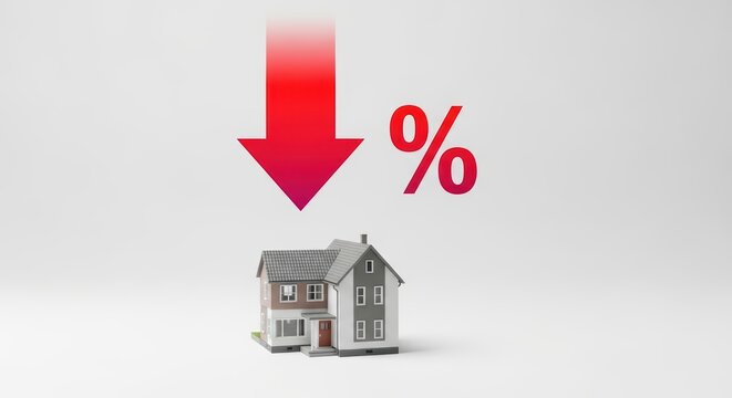 Small house with red downward arrow and percentage symbol indicating decrease