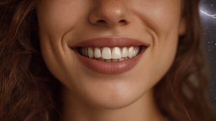 A woman s radiant smile with perfect white teeth contrasts dramatically with a dark stormy lightning filled sky in this close up portrait