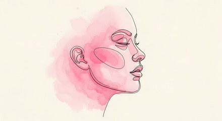 Abstract pink watercolor line art woman's face profile illustration. minimalist.