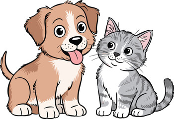 Cute cartoon puppy and kitten sitting together, friendly pet illustration perfect for children’s designs, animal graphics, playful artwork, and educational materials
