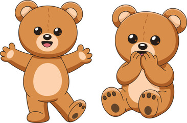 Cute cartoon teddy bears showing happy and shy expressions, perfect for children’s designs, playful illustrations, character artwork, and educational graphics