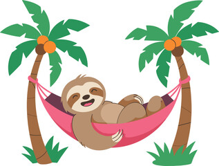 Obraz premium Cute cartoon sloth resting in a colorful hammock between tropical palm trees, perfect for summer designs, children’s illustrations, relaxation themes, and playful artwork