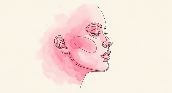 Abstract pink watercolor line art woman's face profile illustration. minimalist. - Powered by Adobe