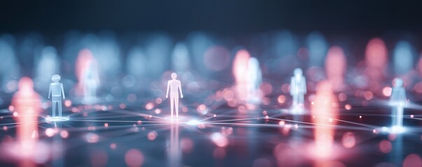 Abstract network of glowing figures representing interconnected individuals on glowing web, concept for social connections, data transfer and future technology