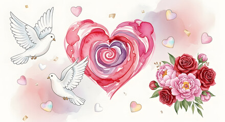 Watercolor illustration featuring doves, vibrant heart, roses, and peonies for love