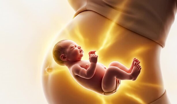 3D Graphic of a Human Fetus in the Pregnant Woman's Abdomen, Development of a Child in the Mother's Womb