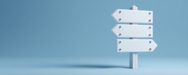 A wooden directional sign with three blank arrow shaped panels against a soft blue backdrop, concept for travel destination choices, marketing messages and location guidance