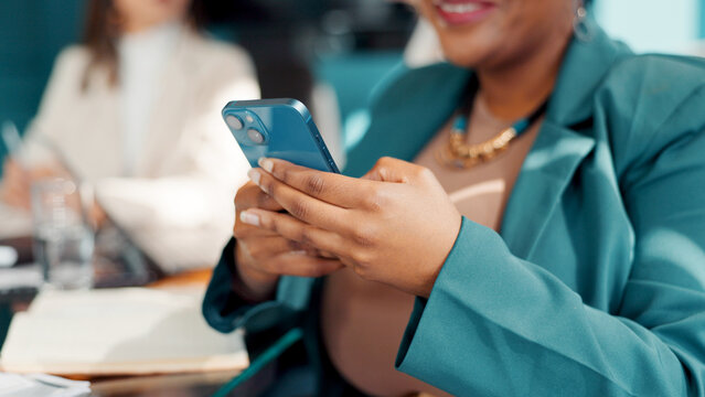 Business woman, hands or typing with phone in meeting, review agenda or research info for board gathering. Online resources, digital programme or manager prepare for workshop, multitasking or person - Powered by Adobe