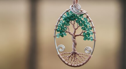 Intricate handmade tree of life pendant with green gemstones and copper wire