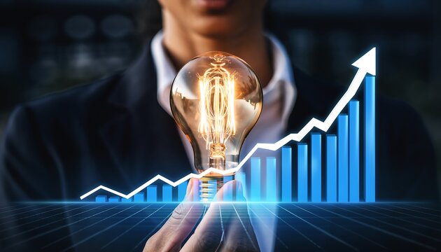 Businessperson's hand holding a glowing light bulb with an ascending growth graph, symbolizing innovative ideas leading to financial success.