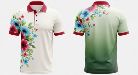 Digital sublimation polo t-shirt mockup, elegant watercolor floral flowers design with leaves and red collar, beautiful feminine casual apparel clothing template.