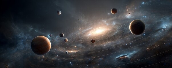 Spectacular panoramic view of planets orbiting a bright galaxy in deep space. Concept for scientific visualization, cosmic exploration and astronomical research