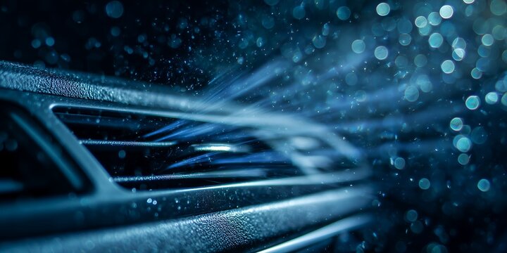 Closeup of car air vent with light bokeh background showing cooling airflow effect, concept for automotive engineering, climate control and technology promotion