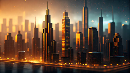 Futuristic Cityscape at Golden Hour with Glowing Skyscrapers and Sci-Fi Architecture