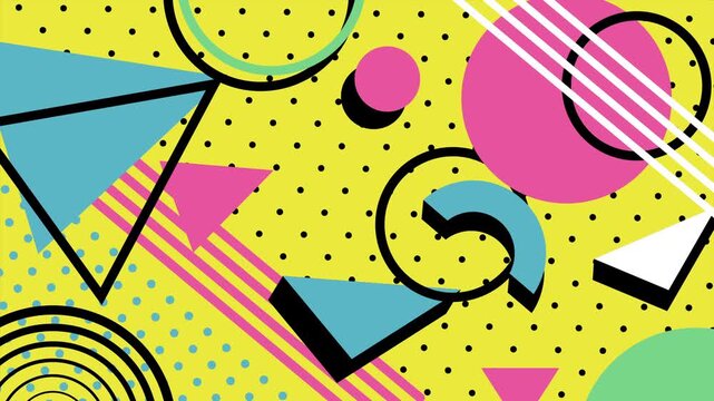 Seamless memphis pattern loop animation. Seamless memphis pattern showcases a vibrant memphis design with shapes and polka dots.