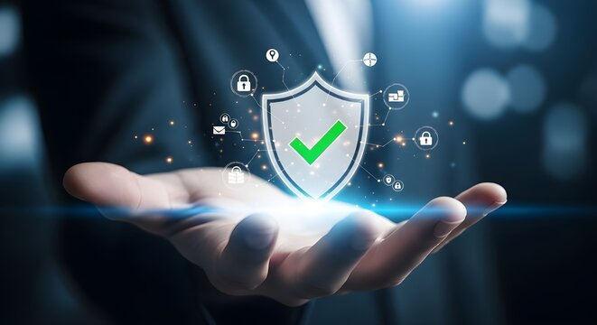 Hand holding digital shield with green checkmark for cybersecurity protection