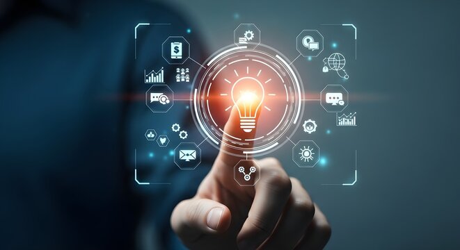 Innovation and technology finger touching a glowing lightbulb in a digital interface