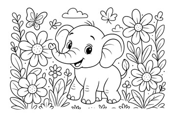 Cute Baby Elephant Walking Through Flowers with Butterfly and Clouds Coloring Page