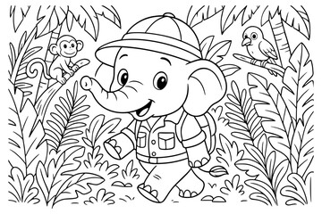 Cute Cartoon Elephant Explorer Walking Through Jungle with Monkey and Bird