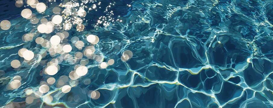 Abstract illustration of deep blue water surface with sunlight reflections and bokeh, concept for summer vibes, aquatic background and relaxation themes