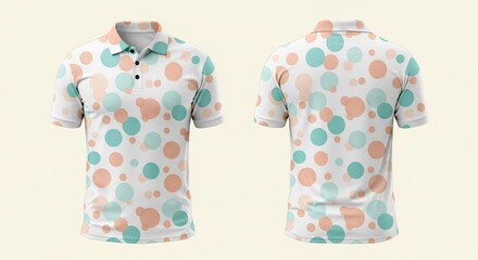 Digital sublimation polo t-shirt mockup, colorful peach and mint pastel polka dot or bubble seamless pattern design, playful summer casual apparel clothing template.