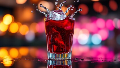 Cinematic Ruby Red Cocktail Splash in Crystal Glass with Colorful Bokeh Lights - Drinks, wine, beverage, cold, martini, 