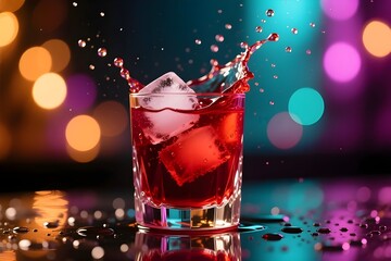Dynamic Ruby Red Cocktail/ Juice Splash in Crystal Glass with ice cubes and Colorful Bokeh Lights - wine, beverage, cold, martini, 